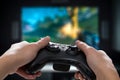 Gaming game play video on tv or monitor. Gamer concept. Royalty Free Stock Photo