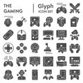 Gaming glyph icon set, video games symbols collection, vector sketches, logo illustrations, gaming devices signs solid