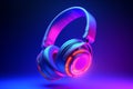 gaming headphones in neon light on a dark background.