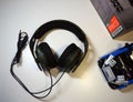 A gaming headset for a computer game player. Beautiful headphones with microphone, details and close-up