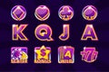 Gaming icons of card symbols for slot machines or casino in purple colors. Game casino, slot, UI