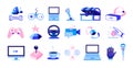 Gaming icons. Cartoon electronic devices. Isolated computers and gamepad, modern joystick controller or VR glasses Royalty Free Stock Photo