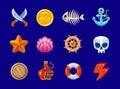 Gaming icons on a marine theme. A set for a computer mobile game. Isolated symbols for a casual game