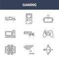 9 gaming icons pack. trendy gaming icons on white background. thin outline line icons such as bow, gamepad, handheld console .