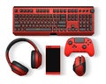 Gaming keyboard, mouse, controller, headset, and smartphone isolated on white background, concept of modern digital gaming gear Royalty Free Stock Photo
