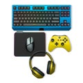 Gaming keyboard, mouse, controller, headset, and smartphone isolated on white background, concept of modern digital gaming gear Royalty Free Stock Photo