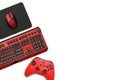 Gaming keyboard with RGB lights, wireless mouse on mousepad, and controller isolated on white background, concept of gaming setup Royalty Free Stock Photo