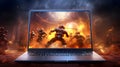 Gaming laptop with a fight scene screen display virtual reality ai generated