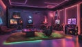 A gaming lounge with neon-lit gaming consoles and wall art, catering to