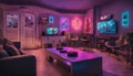 A gaming lounge with neon-lit gaming consoles and wall art, catering to