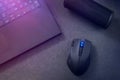Gaming mouse and laptop at night. Royalty Free Stock Photo