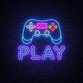 Gaming neon sign vector. Play Design template neon sign, light banner, neon signboard, nightly bright advertising, light