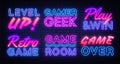 Gaming Neon signs set Vector. Gamer neon sign, design template, modern trend design, night signboard, night bright