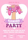 Gaming party invitation design template. Gamer girl B-day Cute kids party event concept. Vector flat style illustration Royalty Free Stock Photo