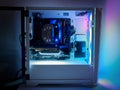 Gaming PC And CPU Cooling Fan With Backlight. Desktop Gaming Computer With RGB Led Light Inside. Concept Of ESports