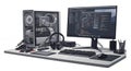 Gaming PC Setup with Open Tower and Peripheral Devices on Desk Against White Backdrop Hardware Components and Royalty Free Stock Photo