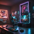 A gaming room decorated with various lamps