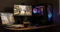 A gaming setup featuring a desktop computer with RGB-lit components inside a