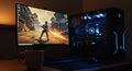 A gaming setup featuring a large monitor displaying a video game scene with a