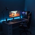 Gaming setup featuring a widescreen monitor displaying a colorful video game scene
