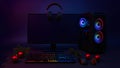 Gaming stand with RGB lighting and seasonal decorations Royalty Free Stock Photo