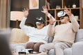 Gaming, virtual reality and senior couple with headset play online game with VR, technology and smile. Future, elderly Royalty Free Stock Photo