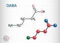 Gamma-Aminobutyric acid, GABA molecule. It is a naturally occurring neurotransmitter with central nervous system inhibitory