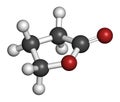 Gamma-butyrolactone GBL solvent molecule. Used as prodrug form of GHB gamma-hydroxybutyric acid. 3D rendering. Atoms are.