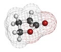 Gamma-butyrolactone GBL solvent molecule. Used as prodrug form of GHB gamma-hydroxybutyric acid. 3D rendering. Atoms are.