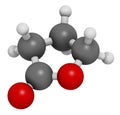 Gamma-butyrolactone (GBL) solvent molecule. Used as prodrug form of GHB (gamma-hydroxybutyric acid). 3D rendering. Atoms are