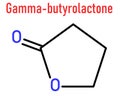 Gamma-butyrolactone or GBL solvent molecule. Used as prodrug form of GHB, gamma-hydroxybutyric acid. Skeletal formula.