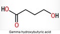 Gamma-hydroxybutyric acid, GHB, C4H8O3 molecule. It is neurotransmitter, liquid ecstasy, psychoactive drug. It is used in form of