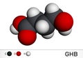 Gamma-hydroxybutyric acid, GHB, C4H8O3 molecule. It is neurotransmitter, liquid ecstasy, psychoactive drug. It is used in form of