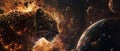 A gammaray burst casting dramatic shadows over a leopard in deep space with planets and stars in orbit adding depth Royalty Free Stock Photo