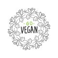 Gan hand sketched logotype, leaf label template for vegan food package design. wreath, doodle, round frame. Isolated leaves icon. Royalty Free Stock Photo