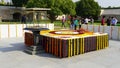 gandhi's memorial tomb stone in rajghat, delhi, india