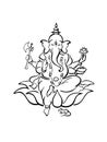 Ganesha, Hindu god of beginnings and wisdom, sitting on lotus flower with a mouse at his feet, silhouette symbol, hand drawn ink