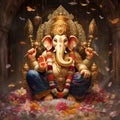 ganesha hindu god sculpture with flowers for ganesh chaturthi generative AI