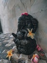 Ganesha statue dark stone color with fragipani flowers