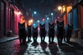 Gang of black cats walking on dark alley at night. ai generative Royalty Free Stock Photo