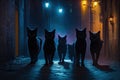 Gang of black cats walking on dark alley at night. ai generative Royalty Free Stock Photo
