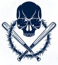 Gang brutal criminal emblem or logo with aggressive skull baseball bats design elements, vector anarchy crime terror retro style,