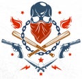 Gang brutal criminal emblem or logo with aggressive skull baseball bats and other weapons and design elements, vector anarchy