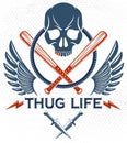 Gang brutal criminal emblem or logo with aggressive skull baseball bats and other weapons and design elements, vector anarchy