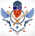 Gang brutal criminal emblem or logo with aggressive skull baseball bats and other weapons and design elements, vector anarchy