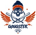 Gang brutal criminal emblem or logo with aggressive skull baseball bats and other weapons and design elements, vector anarchy