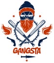 Gang brutal criminal emblem or logo with aggressive skull baseball bats and other weapons and design elements, vector anarchy