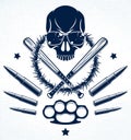 Gang brutal criminal emblem or logo with aggressive skull baseball bats and other weapons and design elements, vector anarchy
