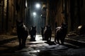 A gang of cat mafia walks down a dark street