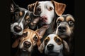 Gang of dogs taking a selfie on dark background. Generative Ai
